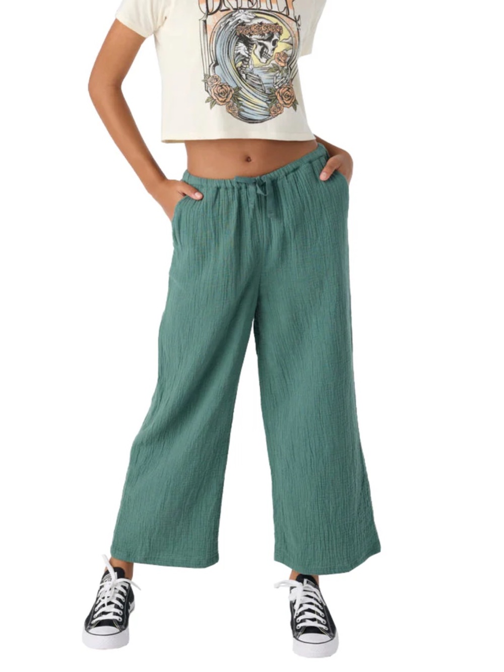 Wide Leg Drawstring Pants in Teal Green